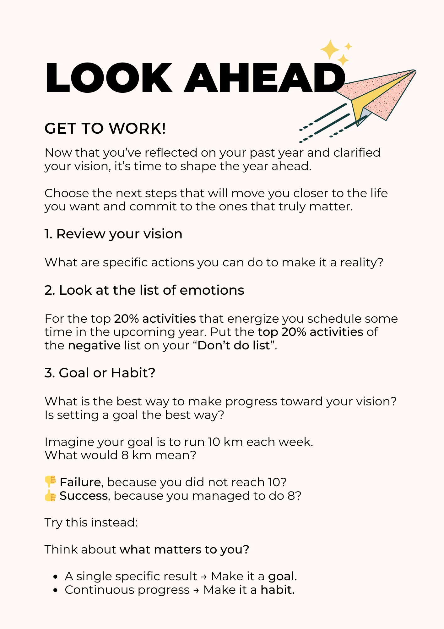 Look Ahead — Get to work, review vision, goals vs habits